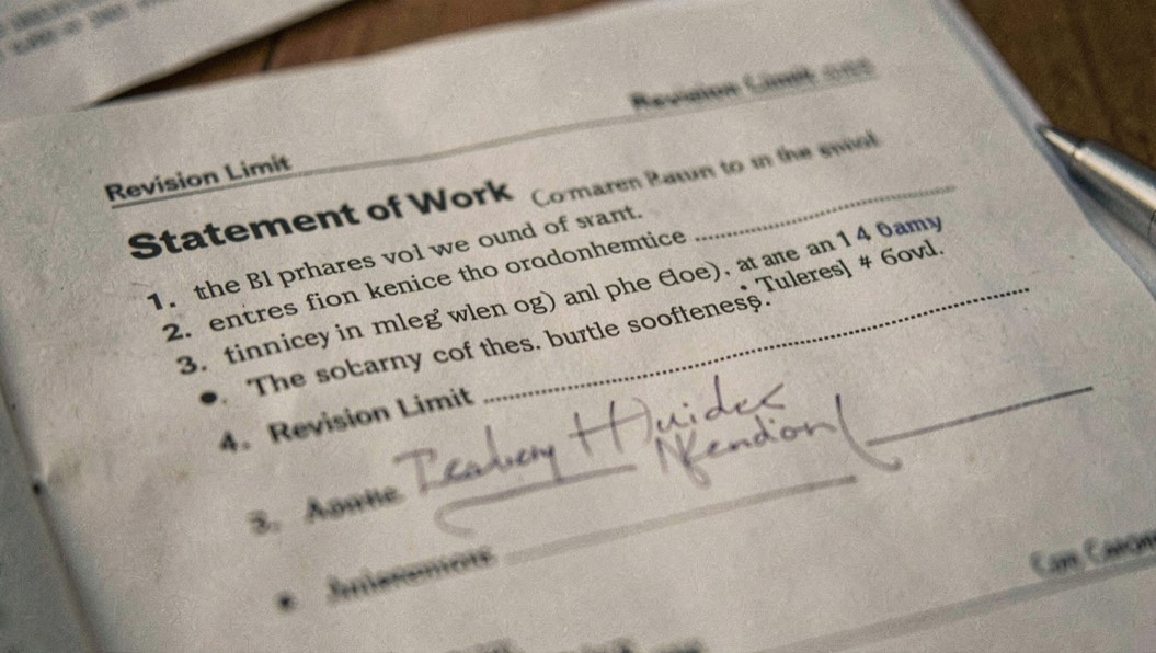 Detail from freelance contracts: scope and payment with notes and material in view